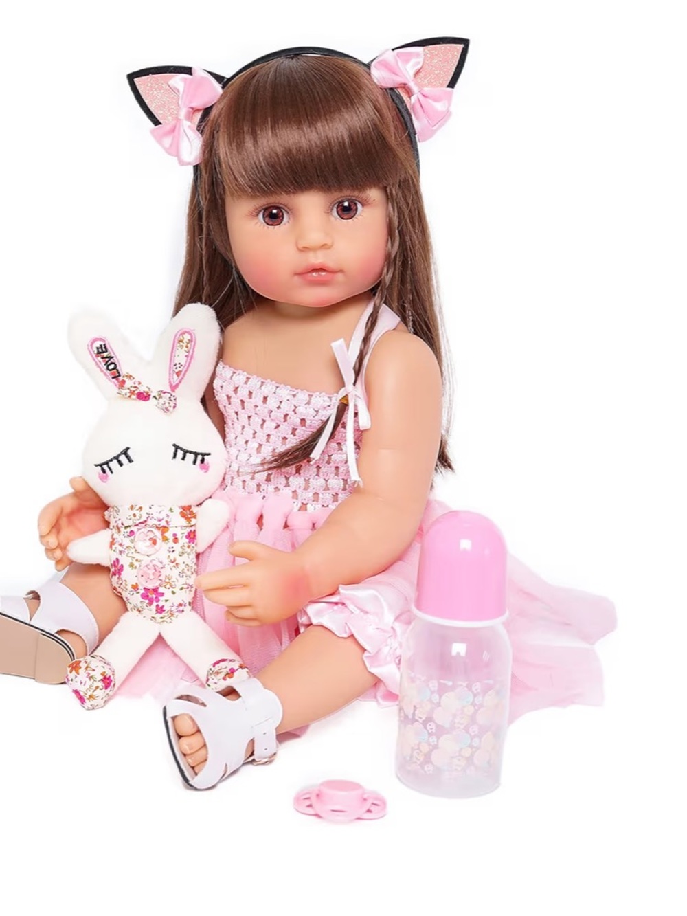 Lifelike Reborn Baby Doll with Bunny Toy and Bottle - Pink